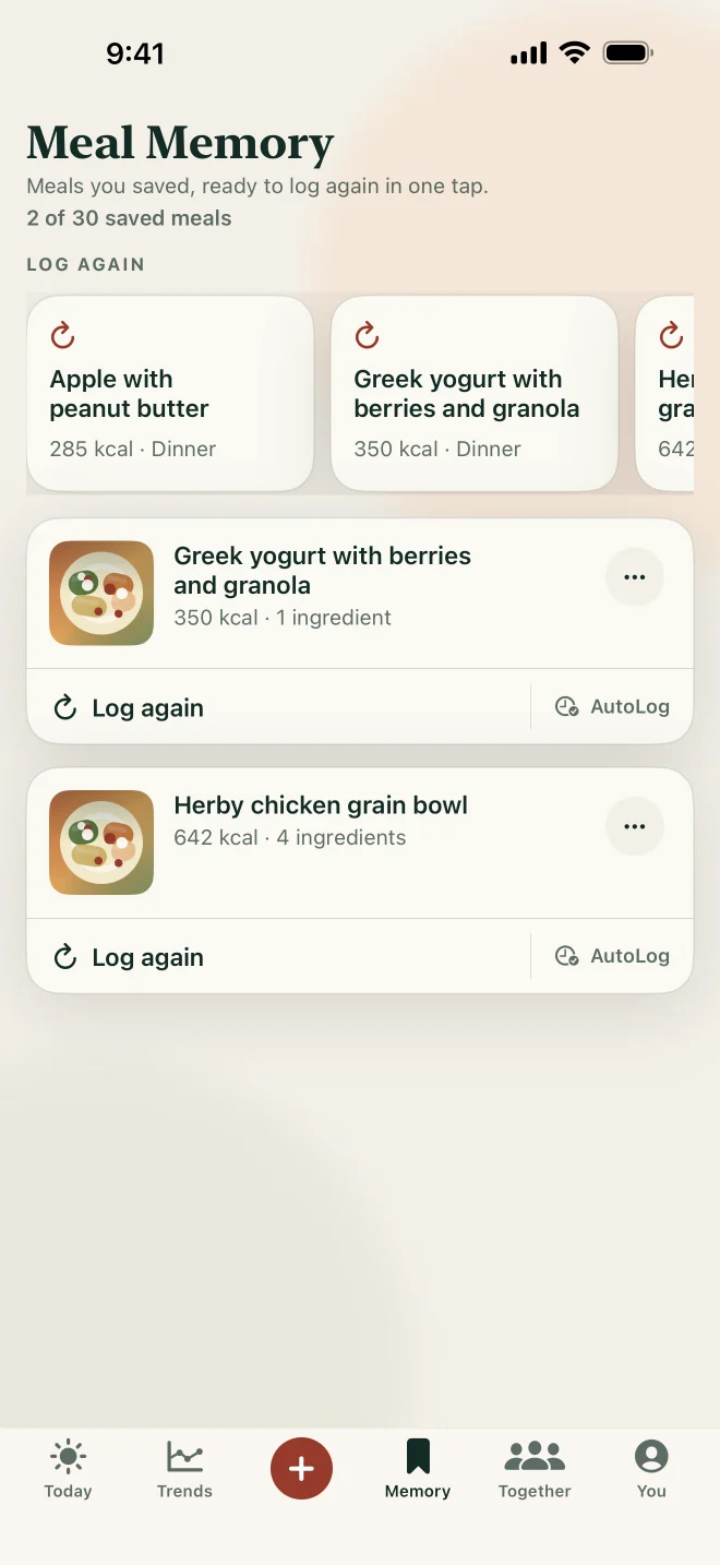 SeeMeEat Meal Memory with saved demo meals and Log again controls