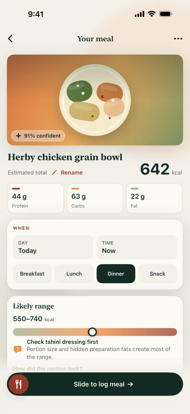 SeeMeEat's built-in demo scan with editable meal details and a likely calorie range